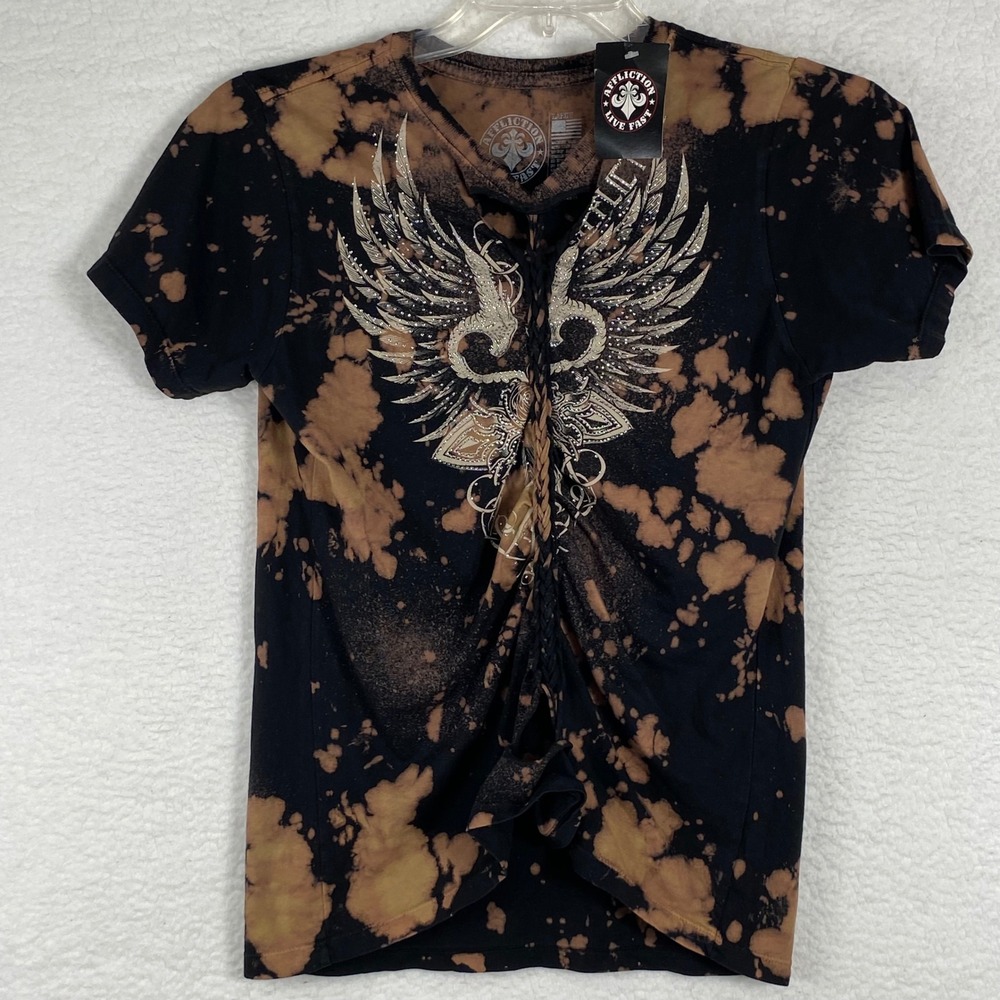 NWT Affliction Live Fast Graphic T-Shirt Black Tan Acid Wash Rhinestone Wing L